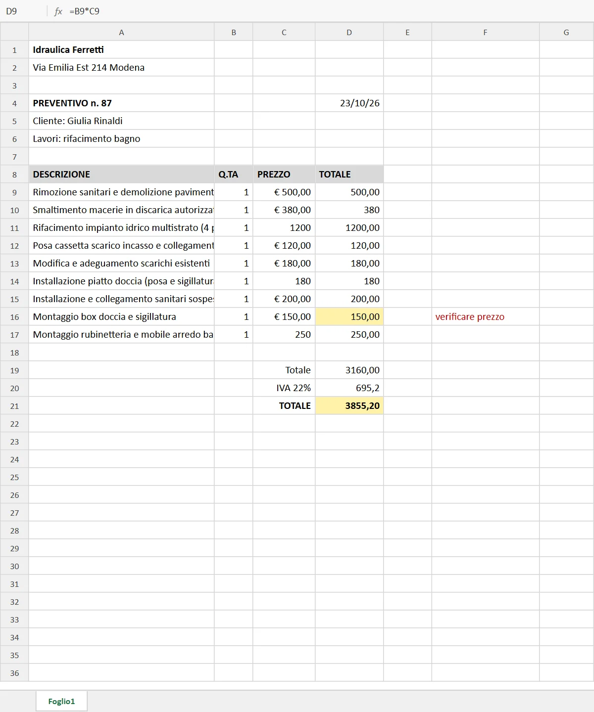 Lo stesso preventivo in un foglio Excel, con formati dei numeri misti